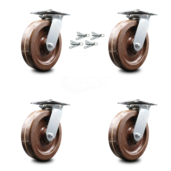 8 Inch High Temp Phenolic Caster Set with Roller Bearings and Swivel Locks SCC